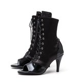 サテンエナメルレースアップオープントゥヒール(Black)