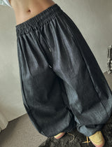 Lever Side Panel Elastic Waist Raw Denim Pants 2color