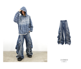 RELABEL (Gemeng) スタッドエンベリッシュドプリントグラディエントウォッシュチェックフードデニムスウェットシャツ