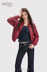 burgundy cropped wide leather jacket