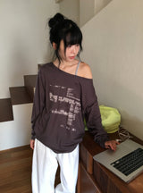 Gauss Loose Fit Printing Off-Shoulder Long Sleeve Tee