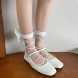 French Ballet Ribbon Crystal Stripe Sheer Socks