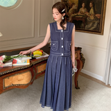 Camogli denim pleated long flare skirt