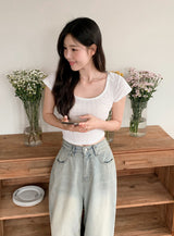 SL Emboss Back Slit Strap Crop Short Sleeve T-shirt (3color)