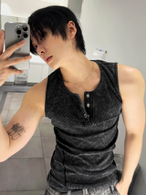 Pigment Dyeing Washing Vintage Muscle Fit Henley Neck Sleeveless Shirt