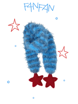 Fluffy Striped Scarf with Red Crochet Stars at Both Ends  （Winter Sun Red &Glacier Blue）