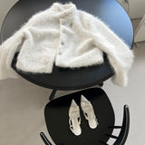 クラシックメタルウェーブダブルボタンハイネックファーコート (White)