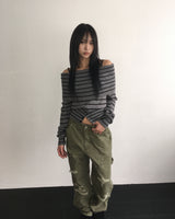 ストライプオフボタンニット