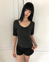 Mameko Shirred  7-Sleeve T-Shirt