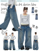 BETWEENAND "Breaking the Rules" Winter Graffiti Polka Dot Splicing Denim Blue Washed Wrinkle Jeans
