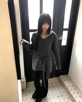 リハオープンカラーウエストタイツーウェイVネックニット