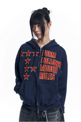 Star Lettering Patch Hoodie Zip-Up - Navy