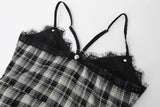 Black Checkered Lace Unbalanced Sleeveless Long Dress