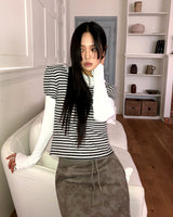 Yumo Puff Fleece Striped Half-Sleeve Knit