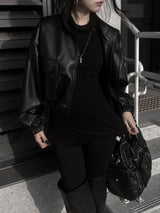 high neck cropped leather jacket