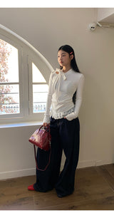 ハーフタートルネックストラップレースフリルロングスリーブTシャツ