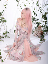 Rosé Isle オールドファッションレタービンテージプリンティドストレッチメッシュドレス ウィズオフショルダーイレギュラースプライストヘム