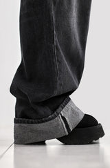 Cuffed cat washing denim pants