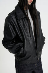 Curved leather overfit jacket
