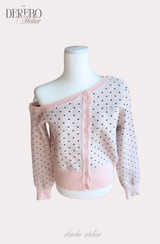 Pink dot unbalanced shoulder top