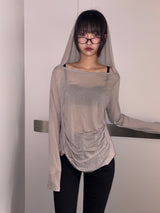 Middle Drape Loose Hooded Long Sleeve T-Shirt 3color
