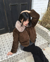 ヌハファックスファーカラーキルテッドショートジップアップジャケット