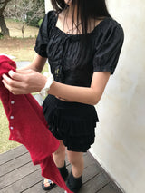 Lovely Note Two-Way Square Neck Off Shoulder Ribbon BLouse