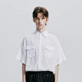 [bandana necklace set] washed check linen 2 pocket half shirt white