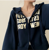 New York Lettering Two Way Cropped Hooded Zip-Up