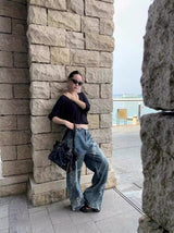diamond bow wide denim pants