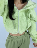 (LOWEST PRICE!/HOT DEAL♥) FLEECE SHERPA HOODIE ZIP-UP BANDING SEMI-CROPPED HOODIE - 3 COLOR