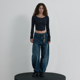 Nylon Buttoned Crop T-shirt [Fabric by ITALY] - NAVY