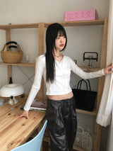 EzenAngelコアファーリボンストラップロングスリーブTシャツ