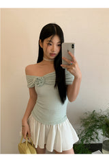 ミントフラワーシャーリングオフショルダーTシャツ