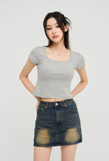 [U-BASIC] Poke Span Square Cap Sleeve T-Shirt