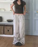 Qiya Glossy Shirring Parasuit Slit Wide Pants