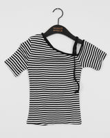 Sor アンバランスドストライプリボンワンショルダー半袖Tシャツ