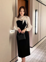 26SS★ Melage Chiffon Color Matching Tie H-Line One Piece