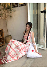 Red checkered V-neck sleeveless long dress