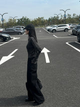 Y2K Back Point X Strap Bijo Wide Loose Fit Denim Long Pants (Black)