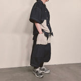 reverse terry pocket denim capri shorts_blue