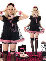 Paris Girl Paris Dream Eiffel Tower Print Rhinestone Mesh Splice Nightdress