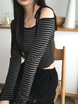 Seble one-shoulder unbalance strap striped long-sleeved T-shirt