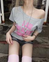 Y2K Pink Lettering One-Shoulder T