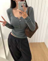 [ORIGINAL] クロック リブ ヘンリーネック ロング スリーブ Tシャツ