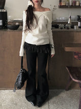 Fuzz Collar Rib Off-Shoulder Slit Long Sleeve Knit