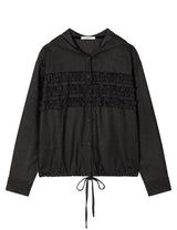 ストライプ ラッフル フーデッド シャツ(CHARCOAL)