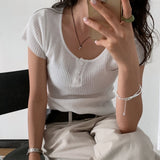 Lua Round Neck Button Ribbed Short Sleeve Knit Top 8 Colors