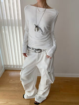 white overall pocket wide casual pants