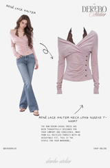 Rosé Lace Halter Neck Long Sleeve T-Shirt